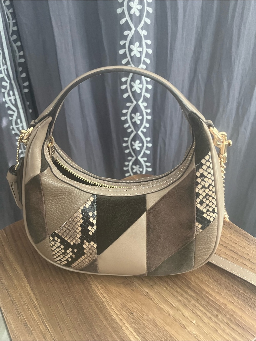 Coach Patchwork Hobo Bag in Brown & Tan with Gold Hardware